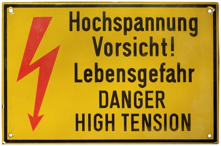 Hochspannung Vorsicht! Lebensgefahr {Porcelain enamel sign} {Germany}, Red, Black, Yellow; colorful sign written in both German and English!