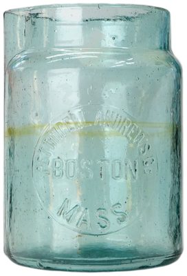 PETTINGELL ANDREWS Battery Jar, Light Aqua w/ "Amber streak"; unusual embossing that shares the name embossed on glass insulators!