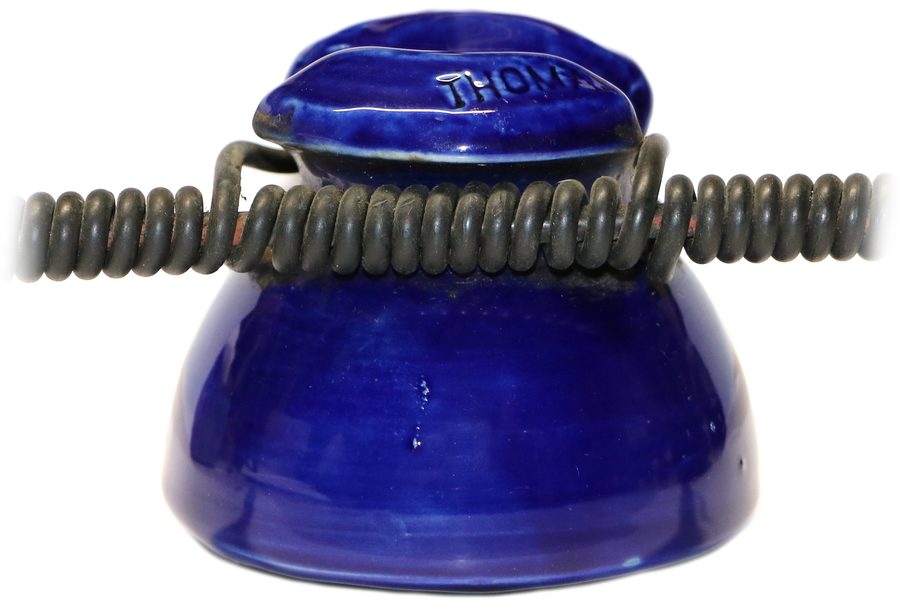 Two Porcelain Insulators w/ Tie Wire, Cobalt Blue; 36" long wire tie