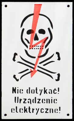 Porcelain Enamel Sign {Poland}, Black lettering and a Red lightning bolt on a White background; colorful and eye-catching; "do not touch!"