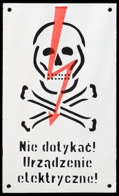 Porcelain Enamel Sign {Poland}, Black lettering and a Red lightning bolt on a White background; colorful and eye-catching; "do not touch!"