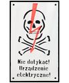 Porcelain Enamel Sign {Poland}, Black lettering and a Red lightning bolt on a White background; colorful and eye-catching; "do not touch!"