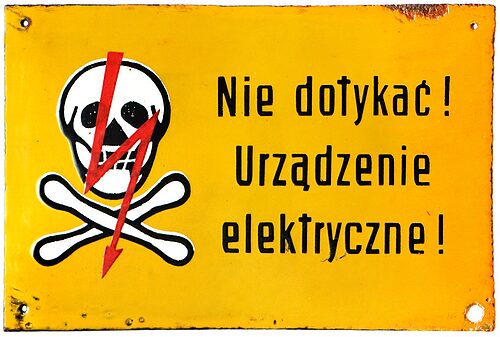 Porcelain Sign, Bright Yellow w/ Black Lettering; "Do not touch! Electric device!"