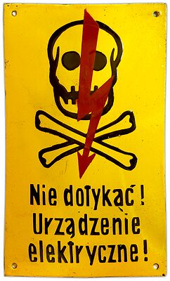 Porcelain Enamel Sign {Poland}, Black lettering and a Red lightning bolt on a Yellow background; Great shape!