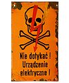 Porcelain Enamel Sign {Poland}, Black lettering and a Red lightning bolt on an Orange background; Portrait orientation and uncommon Orange background!