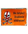 Porcelain Enamel Sign {Poland}, Black lettering and a Red lightning bolt on an Orange background; Landscape orientation and uncommon Orange background!