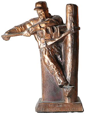 Norman Rockwell Lineman's Statue Metal Casting, Copper-colored; Conversation starter!